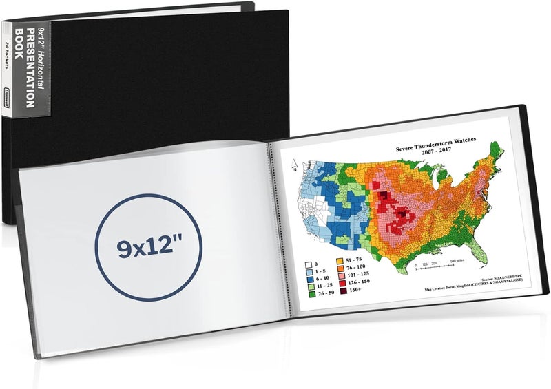 Dunwell Landscape 9x12 Presentation Book, (Black, Horizontal), 24-Pocket Binder with Plastic Sleeves, Displays 48 Pages 9 x 12 or A4 Certificates, Keepsakes, Kids Art, Acid-Free Poly Portfolio Binder - Image 1